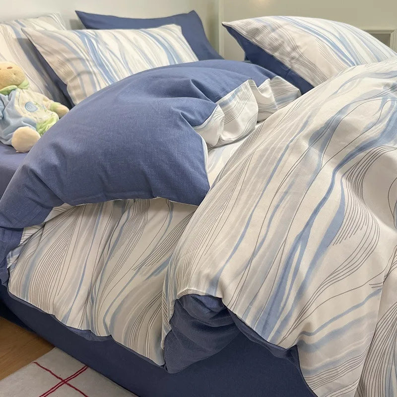 Afralia™ Pure Cotton Striped Bedding Set Duvet Cover Fitted Sheet Kit for Single/Double