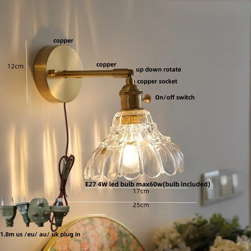 Afralia™ Copper Pull Chain LED Wall Light with Clear Glass Rotate Bedside Lamp