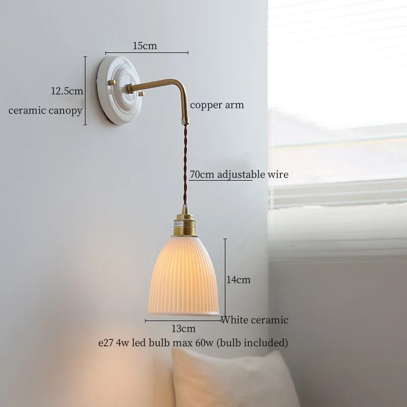 Afralia™ Pleats Ceramic LED Sconce Lamp with Adjustable Copper Arm for Bedroom Bathroom Mirror