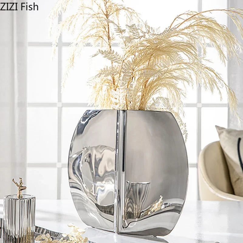 Afralia™ Silvery Geometry Vase for Desk and Floral Arrangement Decor