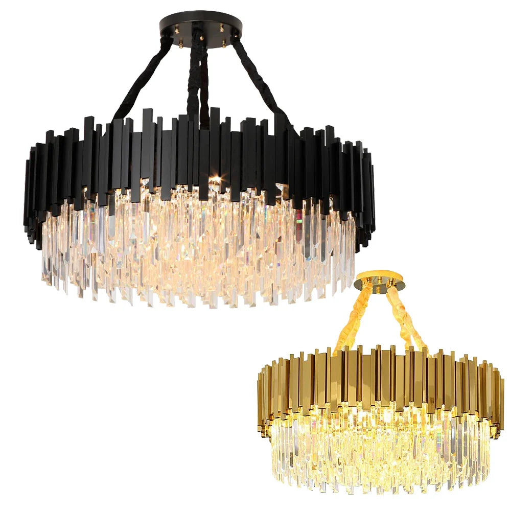 Afralia™ Crystal Chandelier: Dimmable Gold/Black Stainless Steel Hanging Lamp