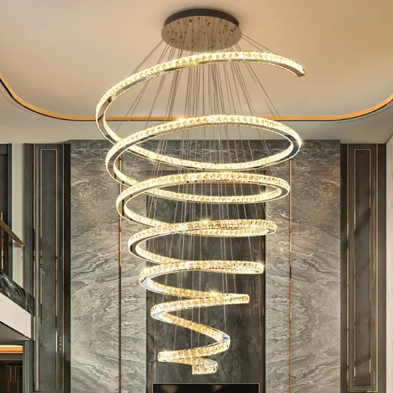 Afralia™ LED Crystal Staircase Chandeliers: Large Spiral Stairway Pendant Lighting for Home Living Room