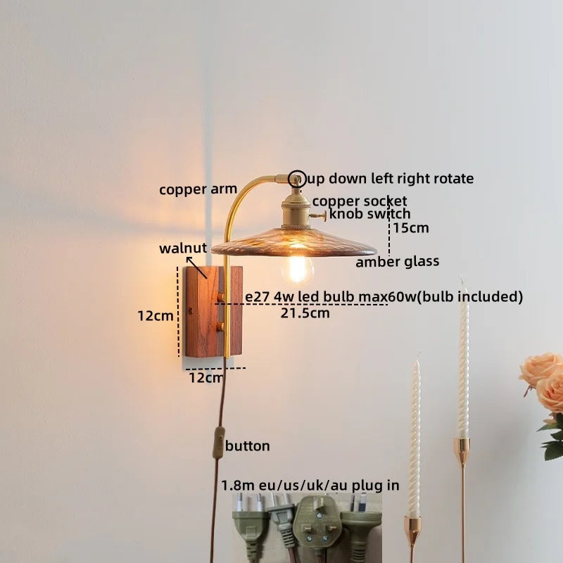 Afralia™ Glass Walnut LED Wall Light - Modern Bedroom Balcony Living Room Lamp