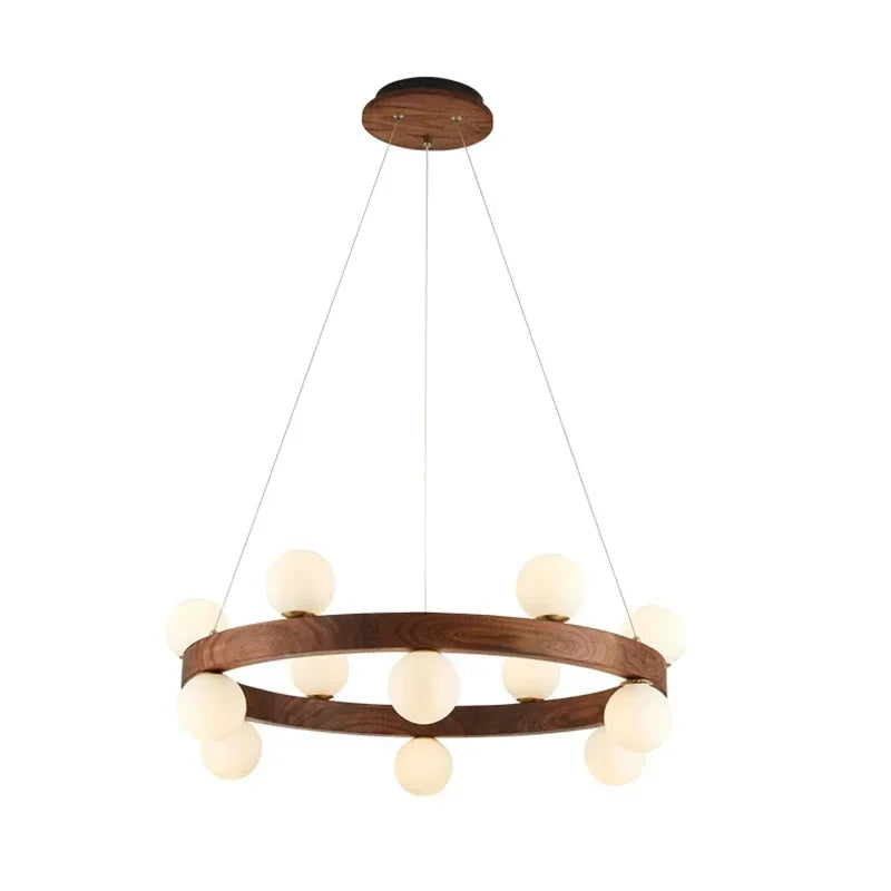 Afralia™ Round Glass Walnut Chandelier Solid Wood Pendant Light for Living Dining Bedroom