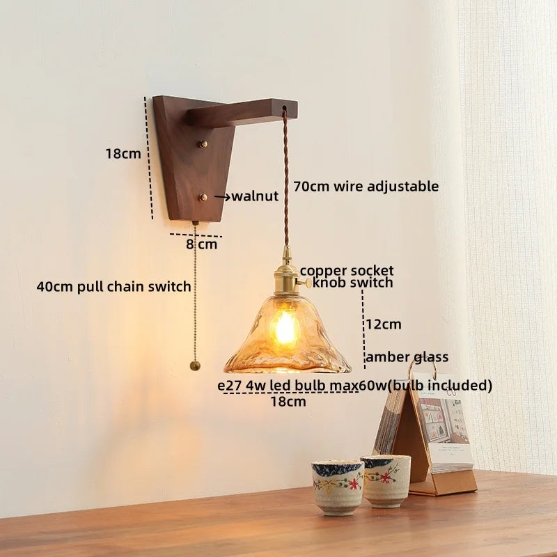 Afralia™ Walnut Copper LED Wall Lamp Sconce with Pull Chain Switch, Nordic Stair Light Fixtures
