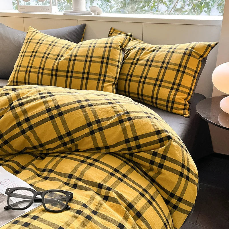 Afralia™ Plaid Cotton Bedding Set: Soft & Cozy Queen Single Fitted Sheet, Quilt Cover, Pillowcase