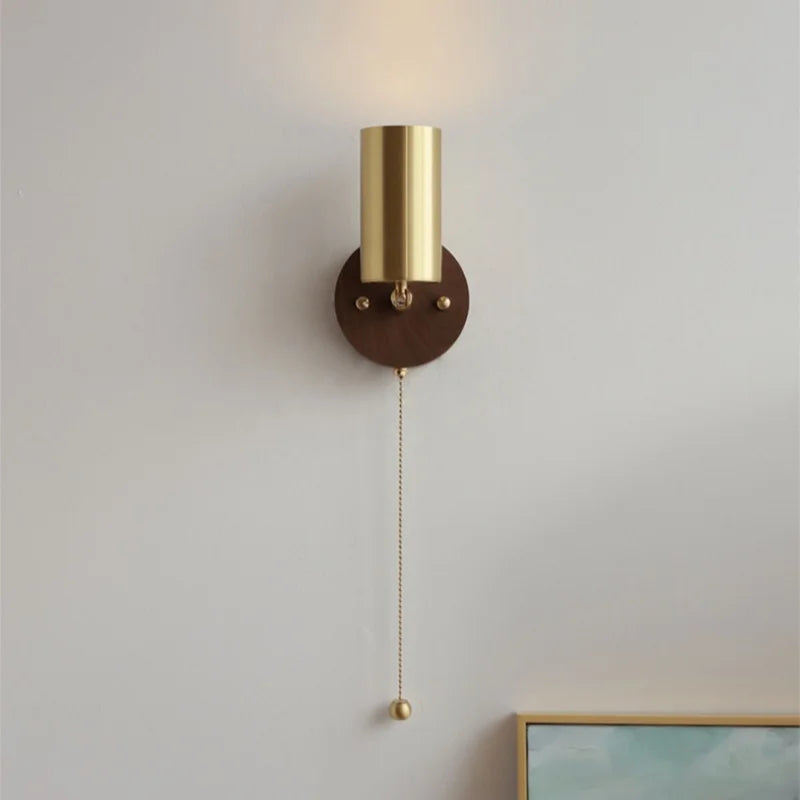 Afralia™ Copper Lampshade LED Wall Sconce Pull Chain Switch Nordic Modern Walnut Wood Mirror Light
