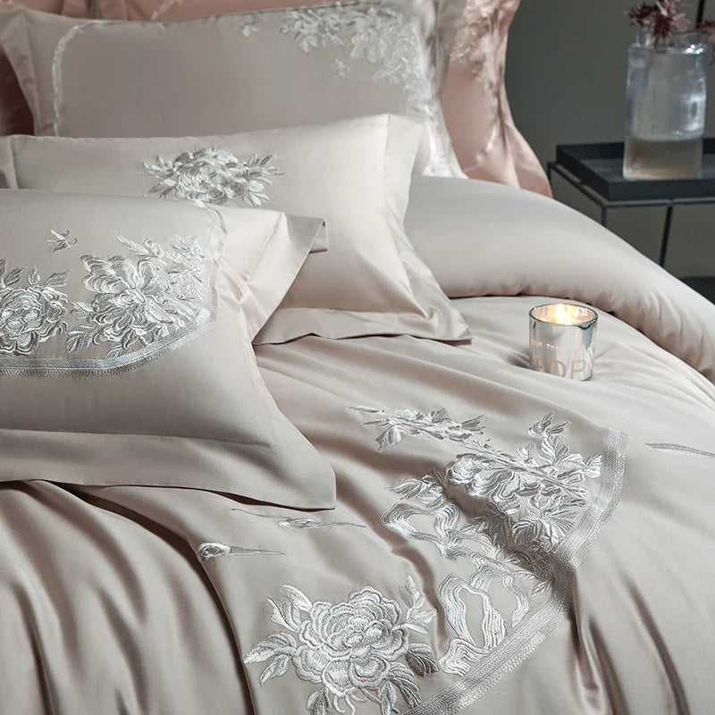Afralia™ Luxury Chinese Flowers Embroidery Bedding Set: 1 Duvet, 1 Sheet, 2 Pillowcases