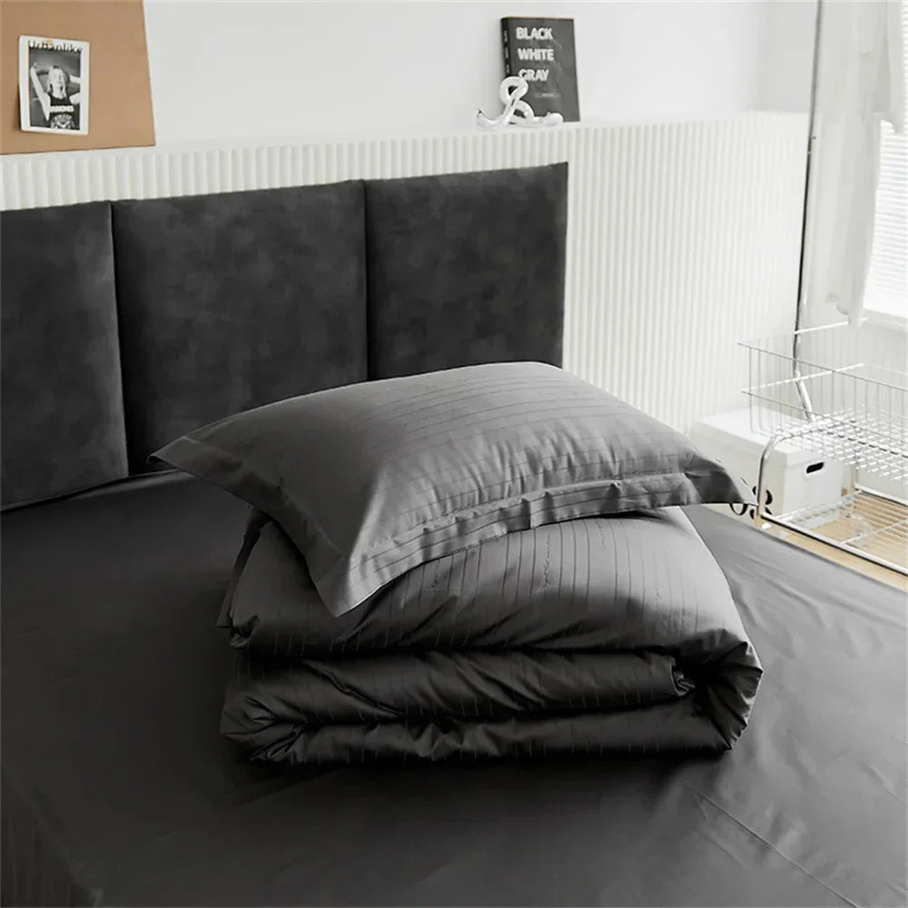 Afralia™ Grey Lines Stripes Duvet Cover Set Cotton Satin Jacquard Queen King Size