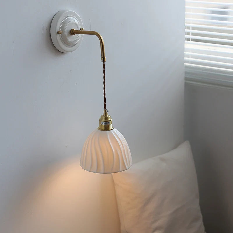 Afralia™ Ceramic Wall Sconce with Copper Arm | Pull Chain Switch LED Bedroom Lamp