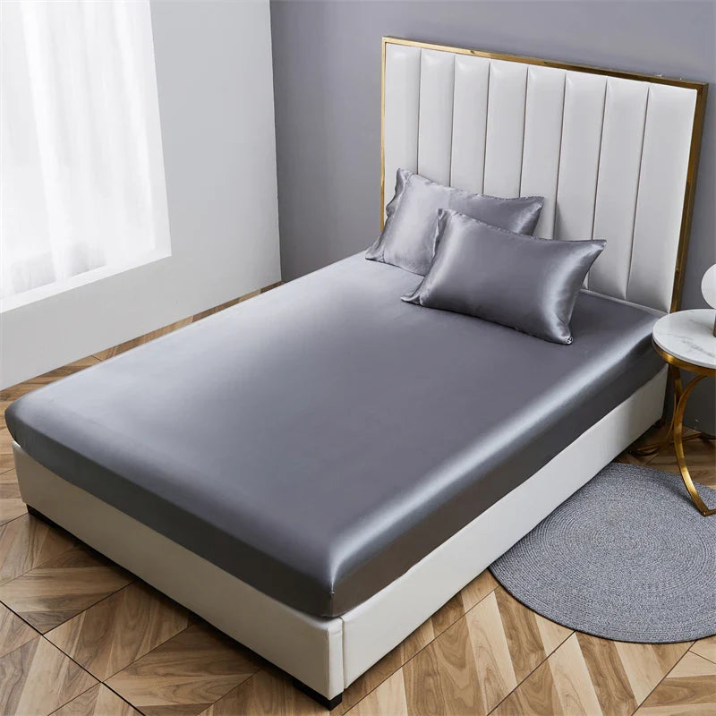 Afralia™ Satin Queen/King Size Fitted Bed Sheet Set Luxurious Soft Silky Elastic Bedsheet