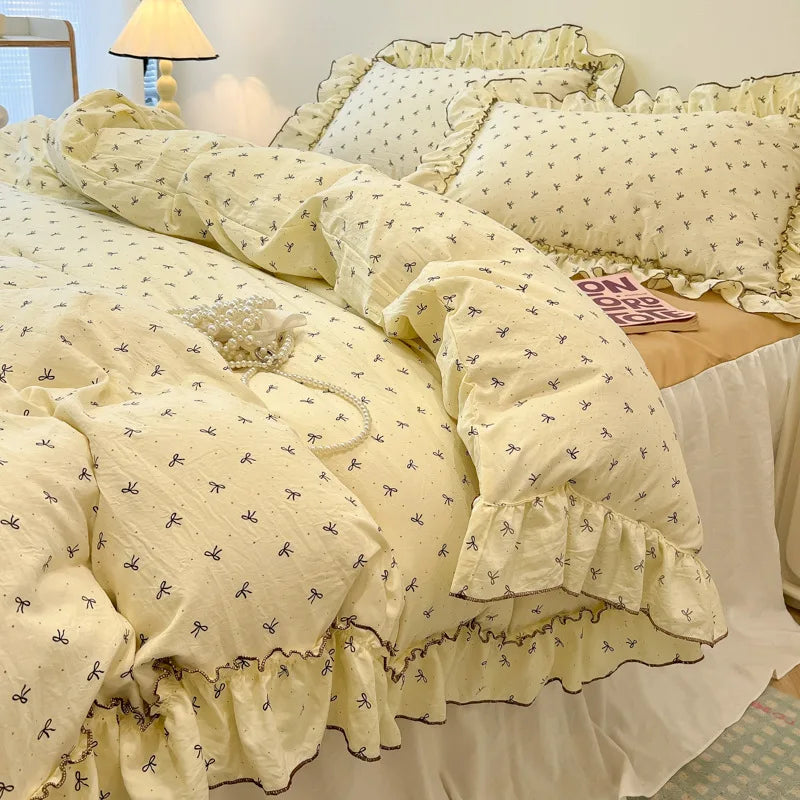 Afralia™ Korean Princess Floral Print Bedding Set in Washed Cotton for Girls