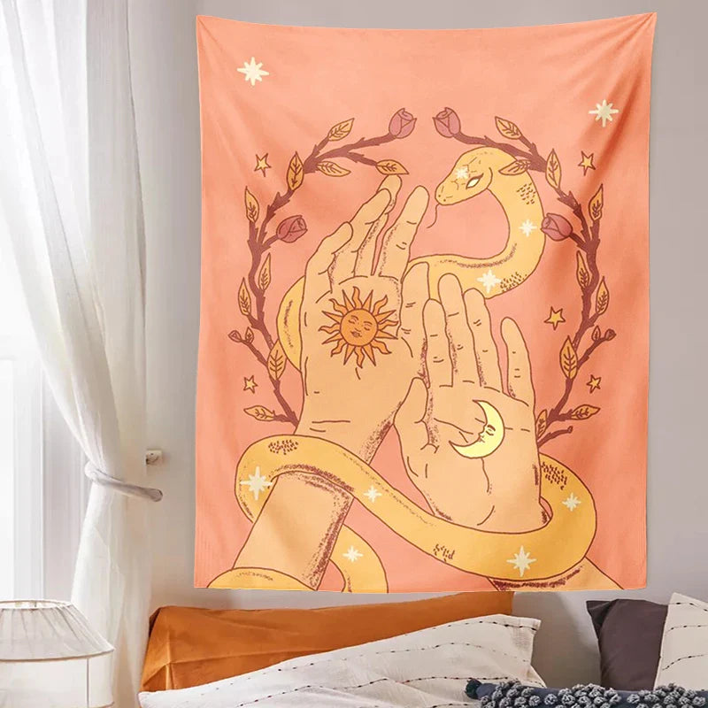 Afralia™ Sun Moon Snake Tapestry Wall Hanging Retro Boho Decor Art