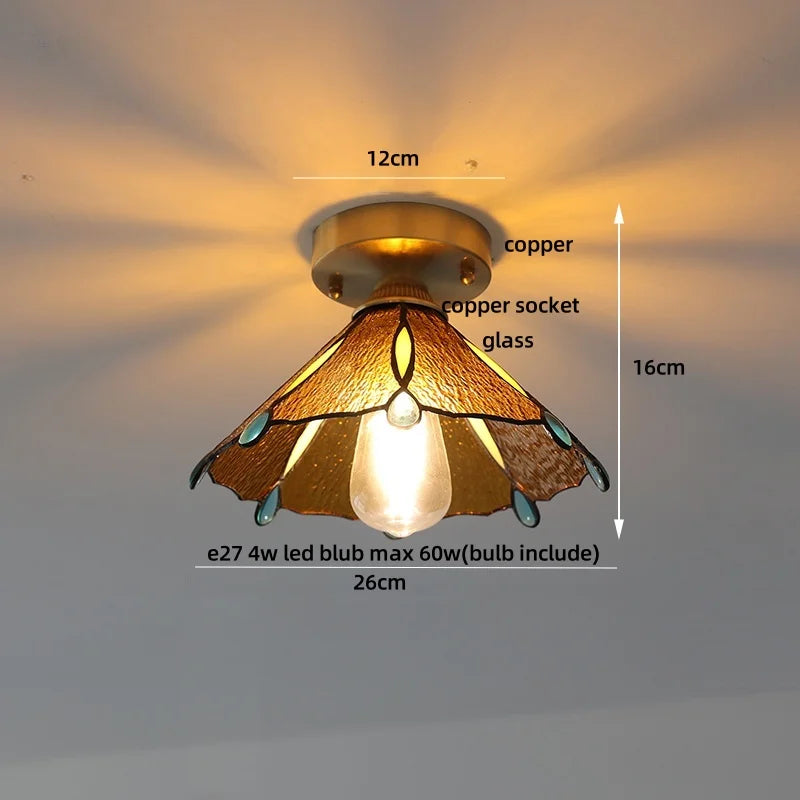 Afralia™ Handcrafted Glass Copper Canopy Ceiling Light Tiffany Style Glass Vintage Loft
