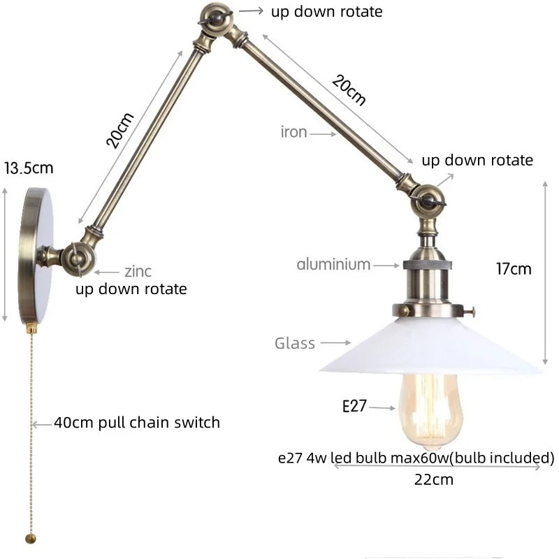 Afralia™ Vintage Clear Glass LED Wall Lamp, Industrial Pull Chain Switch, Adjustable Light Fixtures