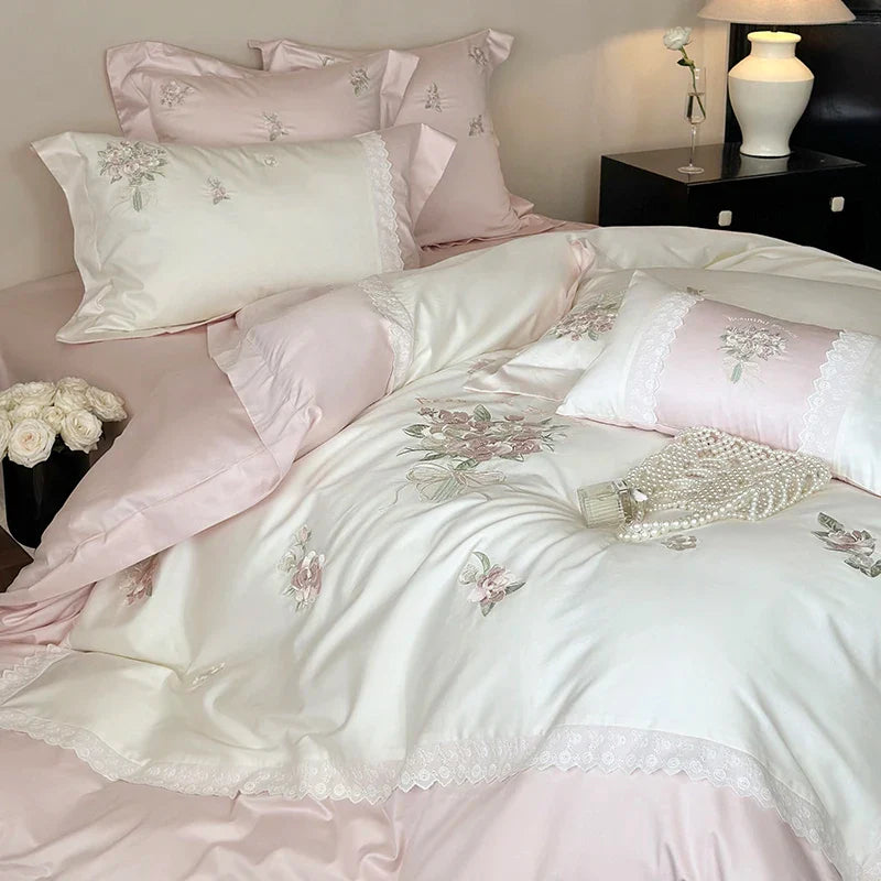 Afralia™ Flowers Embroidery Lace Princess Bedding Set 1000TC Egyptian Cotton Duvet Cover Set