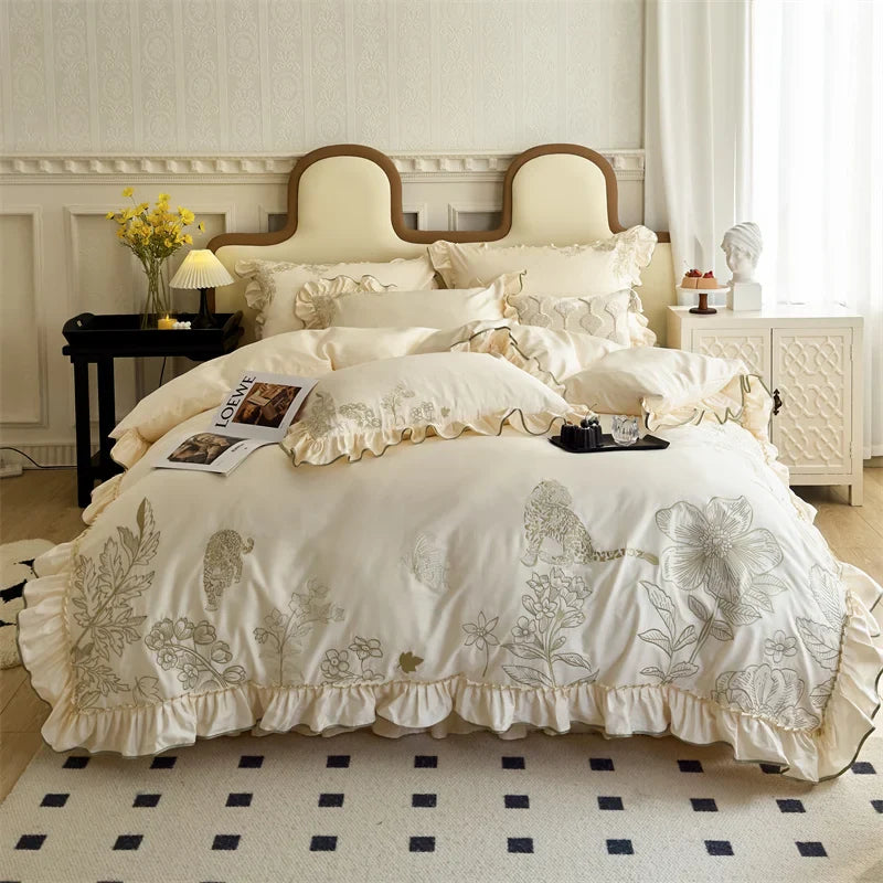 Afralia™ Vintage Flowers Leopard Print Ruffles Bedding Set in 100S Egyptian Cotton