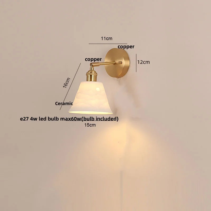 Afralia™ Copper LED Wall Light Pull Chain Switch Modern Ceramic Bedside Lamp
