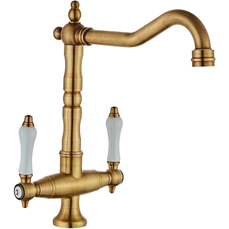 Afralia™ Antique Brass Kitchen Faucet with Dual Handles and 360° Rotation