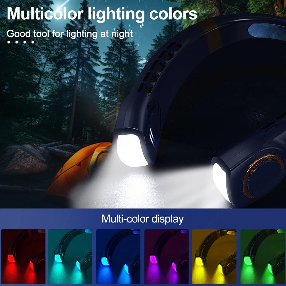 Afralia™ LED Hanging Neck Fan with Colorful Atmosphere Lights, 5th Gear USB Operation