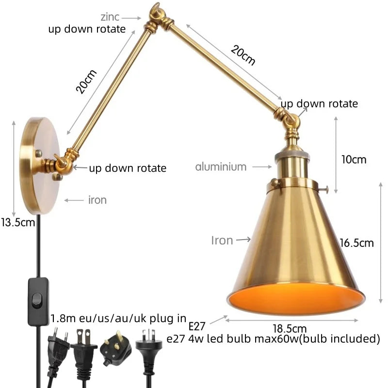 Afralia™ Swing Arm LED Wall Light | Vintage Industrial Bedside Lamp