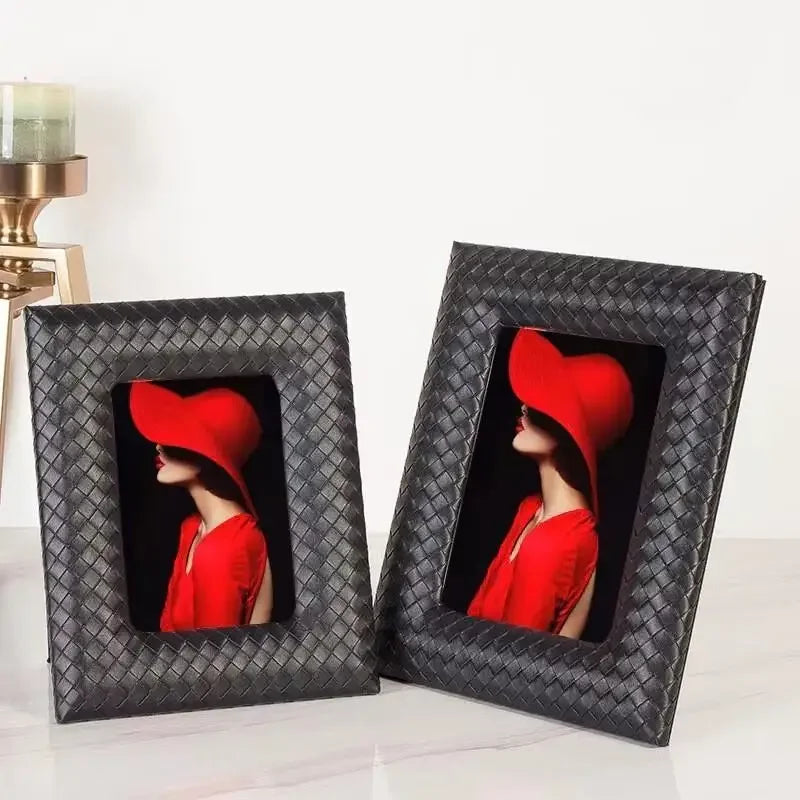 Afralia™ Hand-woven Leather Wedding Photo Gift Frame - Modern Home Decoration