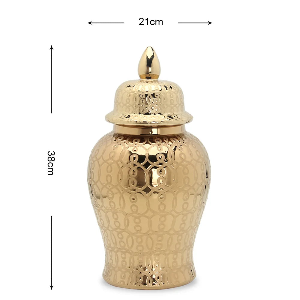 Afralia™ Golden Pattern Porcelain Ginger Jar Vase with Lid for Home Decor