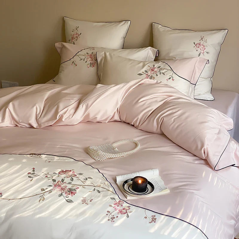 Afralia™ Chinese Flowers Embroidery Luxury Bedding Set - 1000TC Egyptian Cotton Duvet Cover, Flat Sheet, Fitted Sheet, Pillowcases