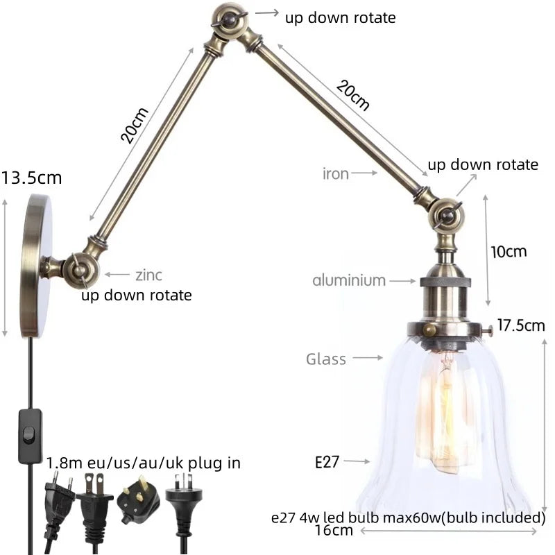 Afralia™ LED Glass Swing Arm Wall Lamps for Bedroom, Bathroom, and Stairway