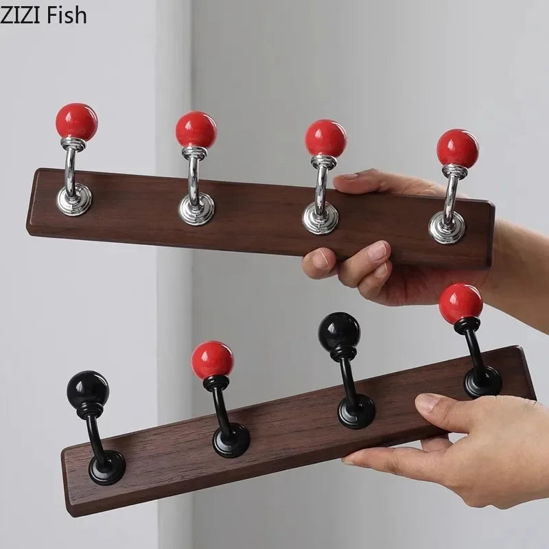 Afralia™ Walnut Wood Hat Hook Wall Storage with Decorative Shelves