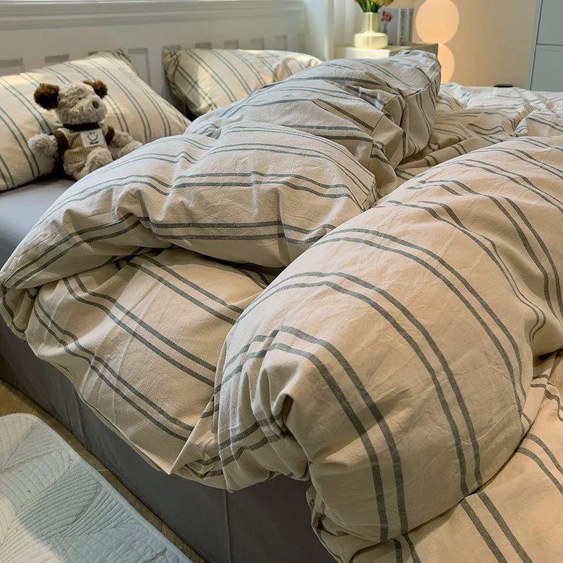 Afralia™ Minimalist Striped Grid Comforter Set in Washed Cotton, Soft Bedding Twin-Queen Size