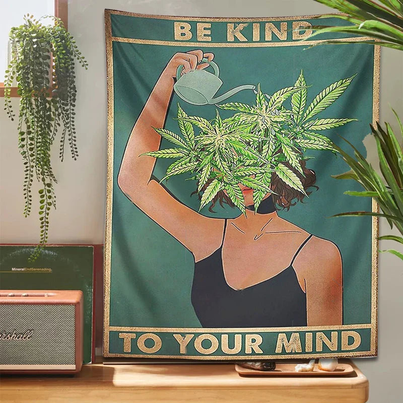 Afralia™ Psychedelic Leaf Tapestry: Be Kind, Be Your Mind. Bohemian Mystery Plant Beach Room Decor.