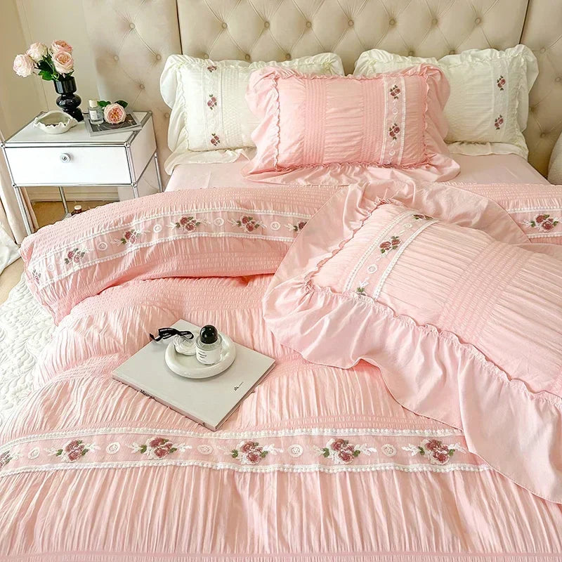 Afralia™ Princess Pink Lace Gauze Bedding Set Queen Duvet Cover Elegant Ruffled Comforter