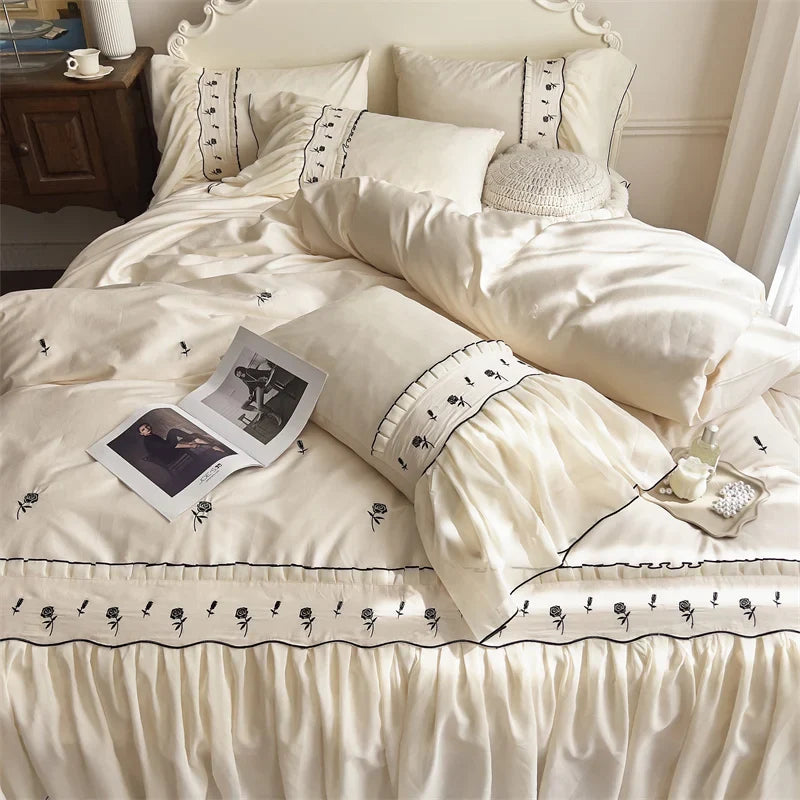 Afralia™ Rose Flowers Embroidery Lace Ruffles Princess Bedding Set with Egyptian Cotton