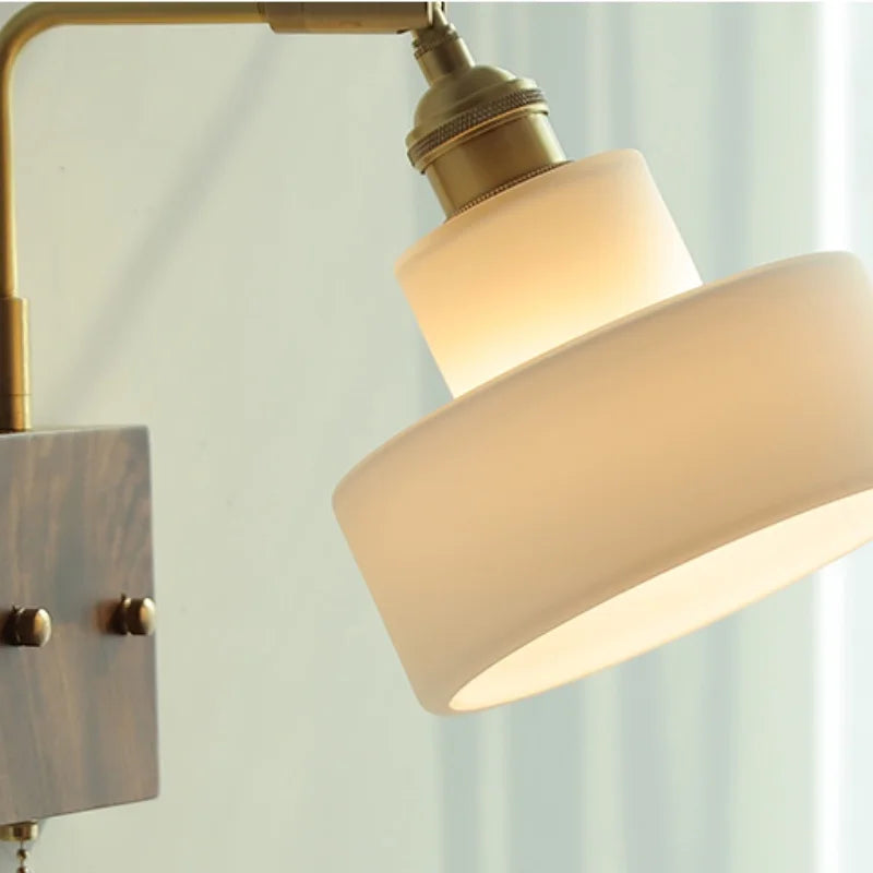 Afralia™ White Glass LED Wall Light Fixture Walnut Wood Brass Pull Chain Switch