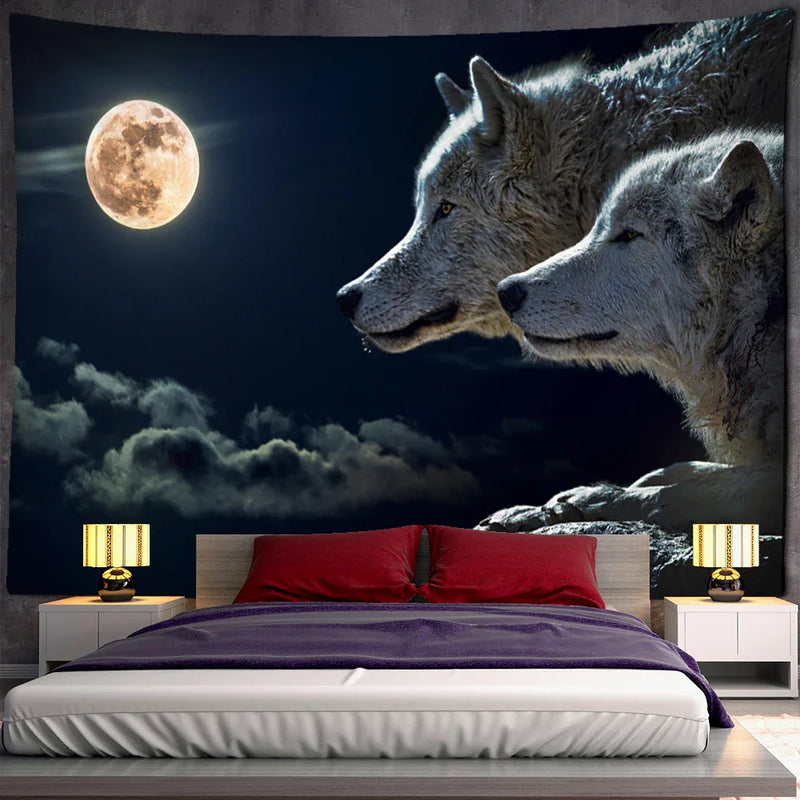 Afralia™ Wolf Forest Tapestry Wall Hanging Psychedelic Landscape Dorm Home Decor
