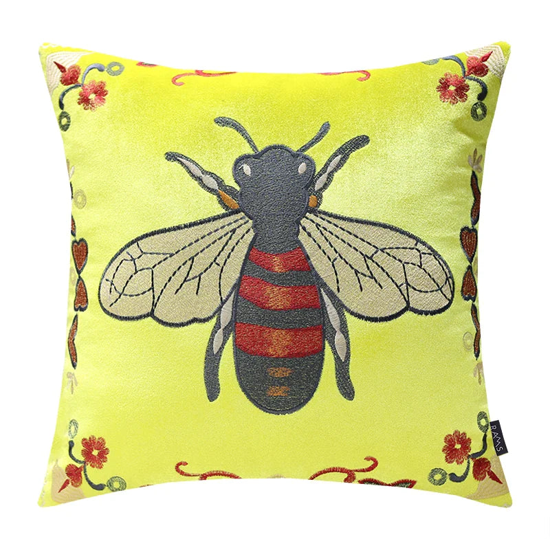 Afralia™ Vintage Bee Green Velvet Cushion Cover, American Style Sofa Waist Pillowcase