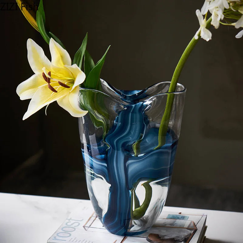 Afralia™ Blue Striped Glass Vase for Plant Arrangement and Room Decor