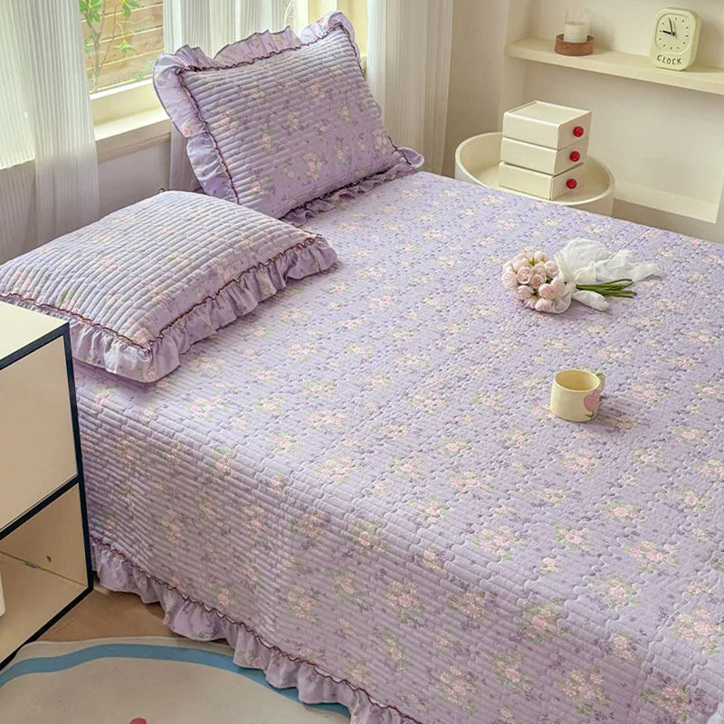 Afralia™ Princess Quilted Bed Cover: Korean Washed Cotton, Single, Lace Detail, Skin-Friendly Fabrics