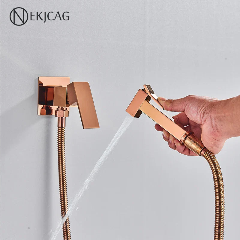 Afralia™ Rose Gold Bidet Faucet with Hot and Cold Mixer for Bathroom Handheld Spray Gun