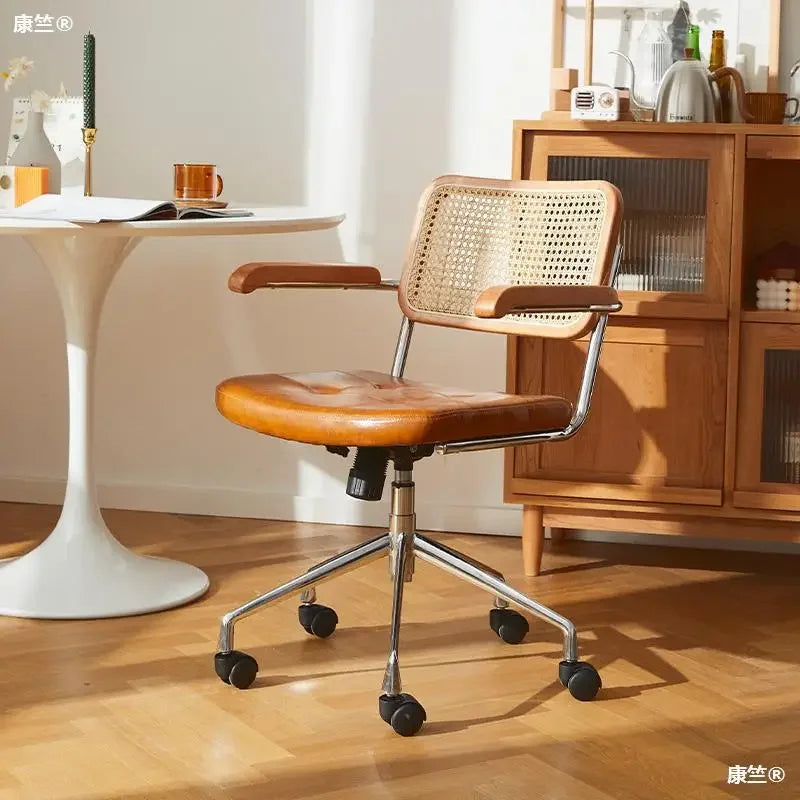 Afralia™ Rattan Ergonomic Swivel Office Chair with Armrests and Rollers