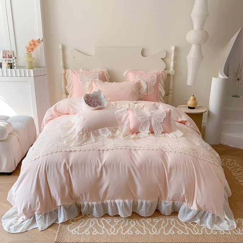 Afralia™ Romantic Lace Ruffles Bedding Set with Bow Decoration - Pink Girls Duvet Cover Set
