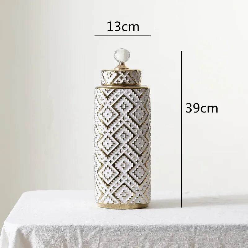 Afralia™ Geometric Golden Relief Decorative Jar - Ceramic Crystal Vase Storage Jar