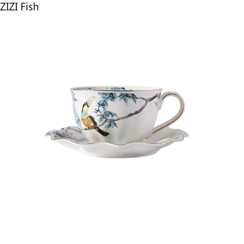 Afralia™ Flowers & Birds Pattern Ceramic Cup & Saucer Set for Dining Table - Tea & Coffee Mug