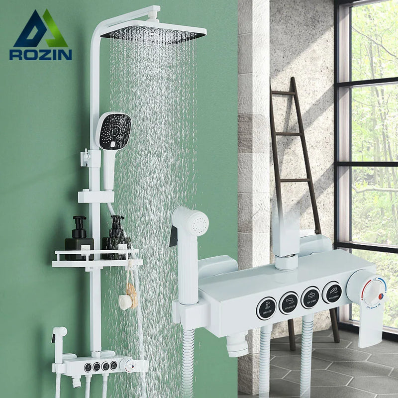 Afralia™ Thermostatic Shower Faucet Set Grey 4 Ways Rainfall Bath Mixer Tap with Tub Spout