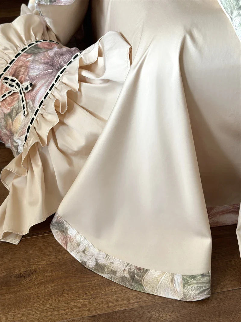 Afralia™ Vintage Floral Bedding Set with Ruffles in Egyptian Cotton, Romantic Oil Painting Style