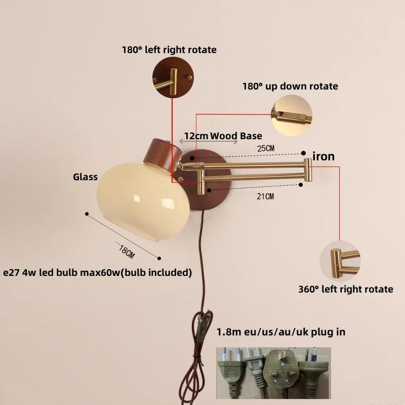 Afralia™ Walnut Wood LED Wall Sconce Pull Chain Switch Stair Light