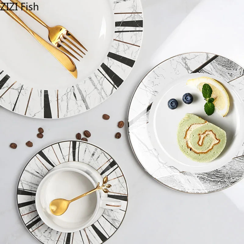 Afralia™ Gilded Marble Texture Ceramic Cup & Saucer Set for Dining Table Tea & Coffee