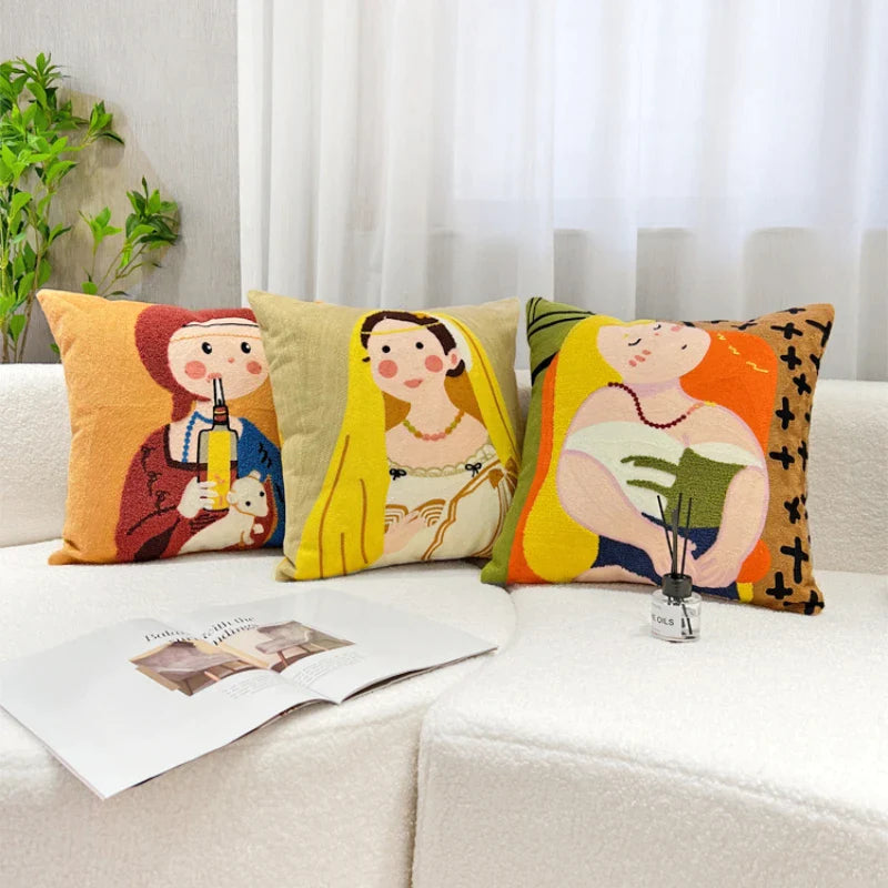 Afralia™ Cartoon Oil Painting Embroidery Throw Pillow for Office Chair and Living Room