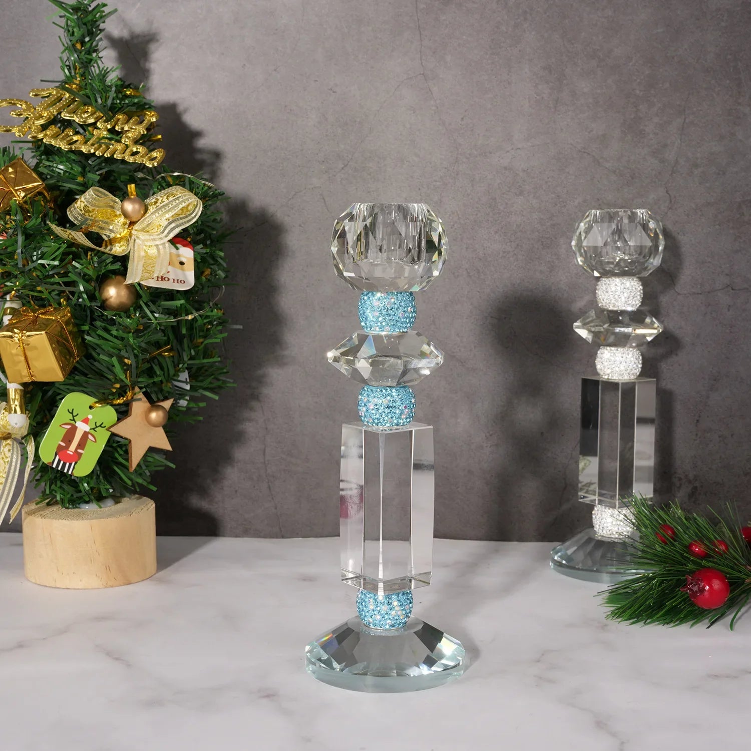 Afralia™ Blue Diamond Crystal Glass Candle Holder Candelabrum